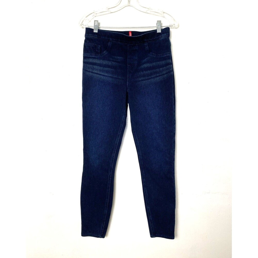 Spanx Pull On Skinny Jeans Size M Jeggins Indigo Blue Slimming Mid Rise Dark